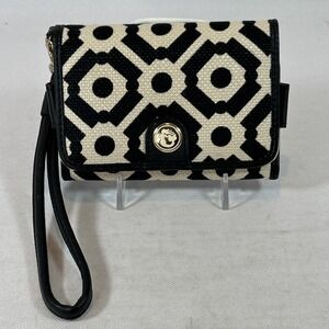 Spartina 449 Tassel Wristlet Leather Linen Zip Clutch Black & Cream Geometric